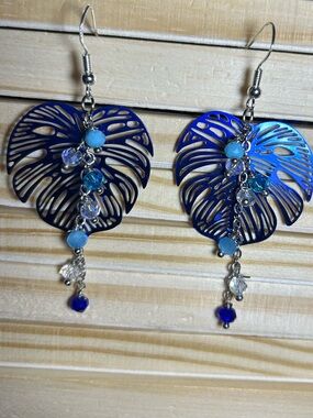 3/$25 Blue Leaf Dangle Earrings with Bead Accents